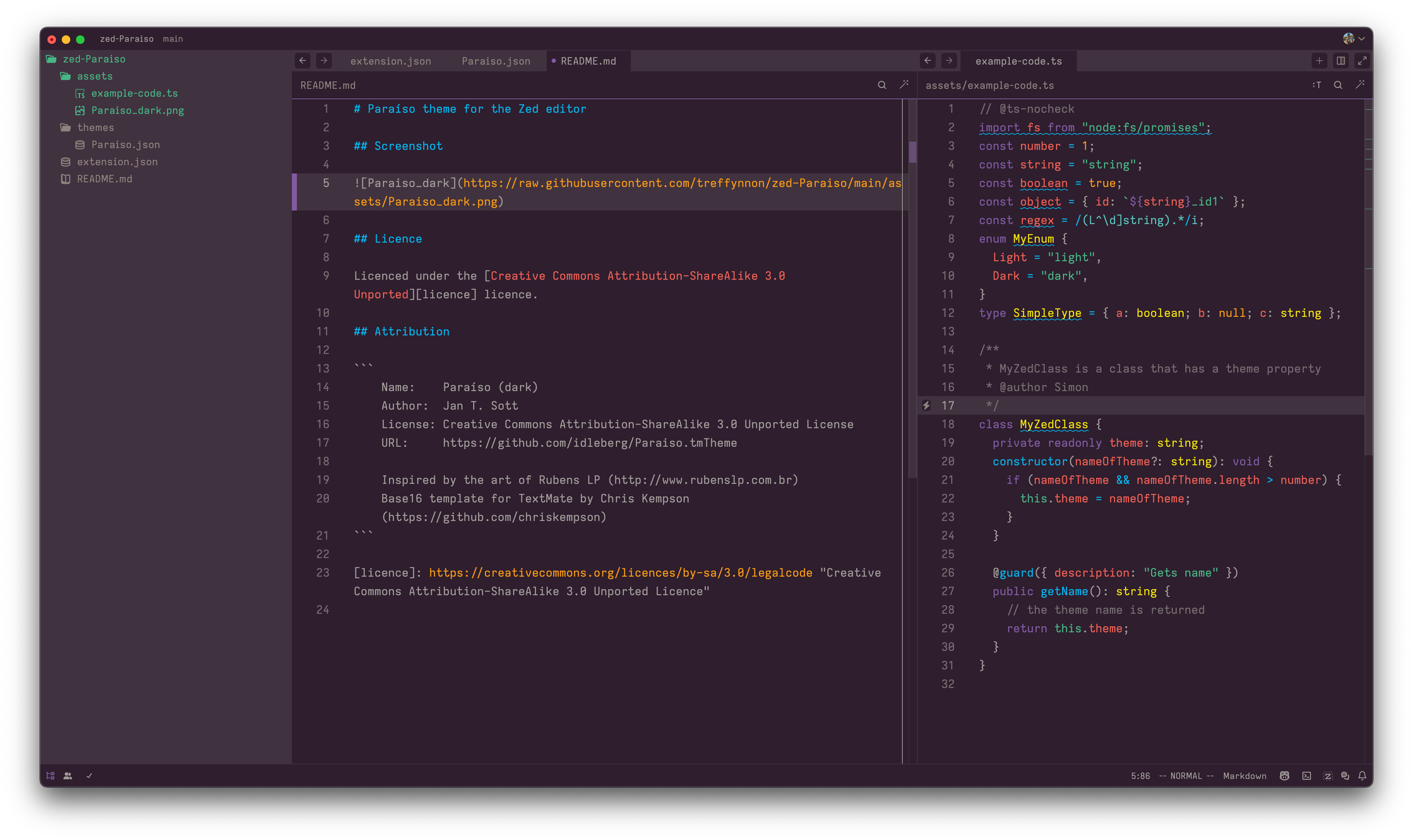 Paraíso dark theme in the Zed editor